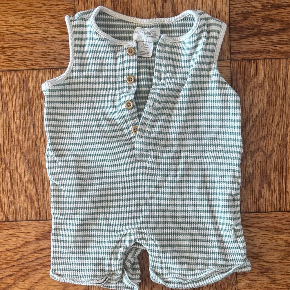 Carters Organic Cotton Green White Striped Sleeveless Baby Romper 24 months